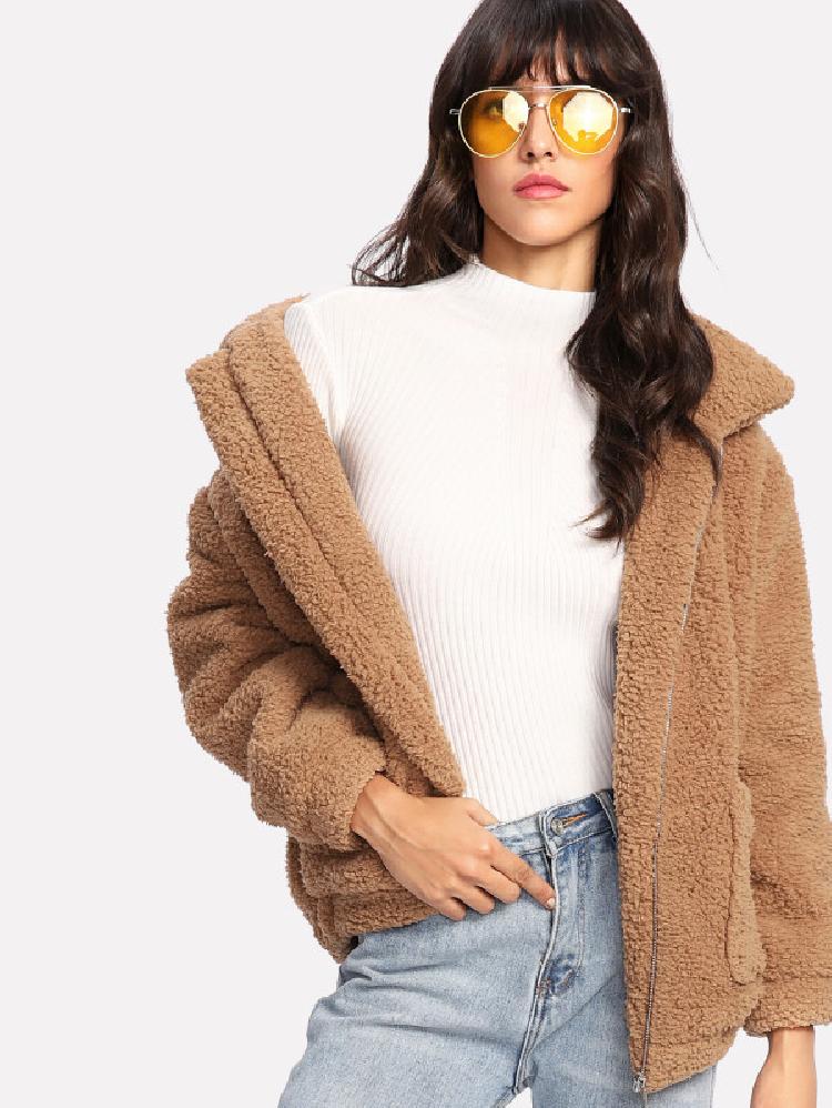 Dual pocket faux fur jacket front view